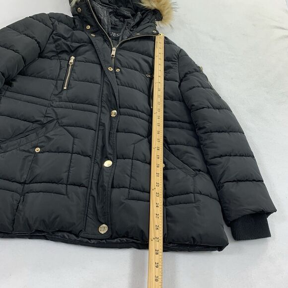Guess Faux Fur Lined Hooded Puffer Jacket Size XL Womens Solid Black Winter Cold - Picture 11 of 11